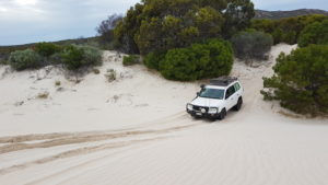 Phil drives up to top of dunes.