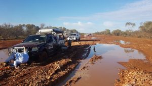 A large rock in front of the left rear wheel stopped the Navara getting through the slop.