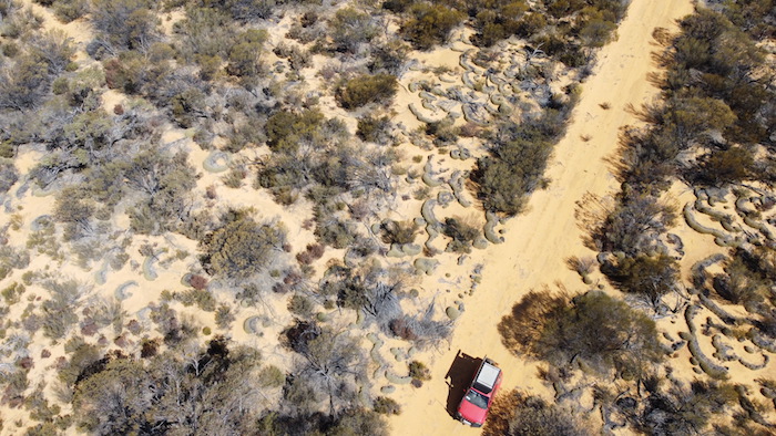 The historical Gus Luck Track that leads eventually to Wangine can clearly be seen leading off the main track opposite where Scott’s Jimny is parked