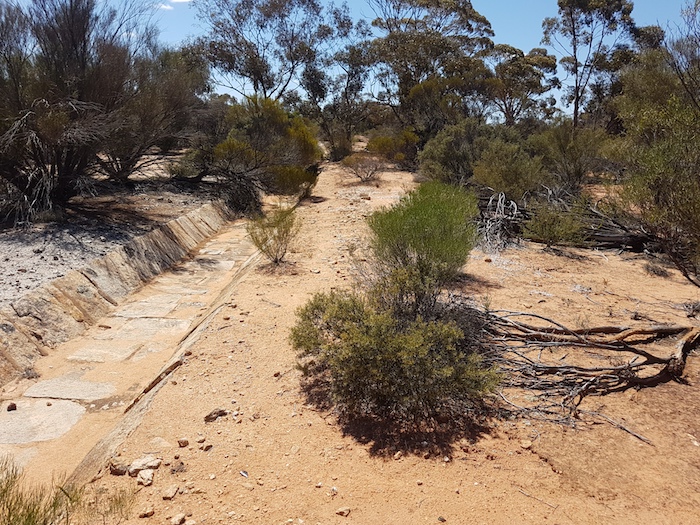 Water harvesting channel directs water from the rock into the dam.